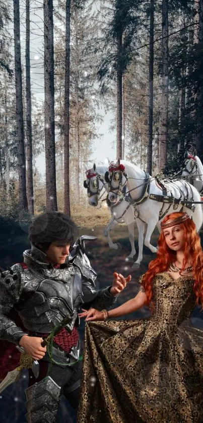 Medieval fantasy scene with knight, lady, and horse-drawn carriage in a forest.