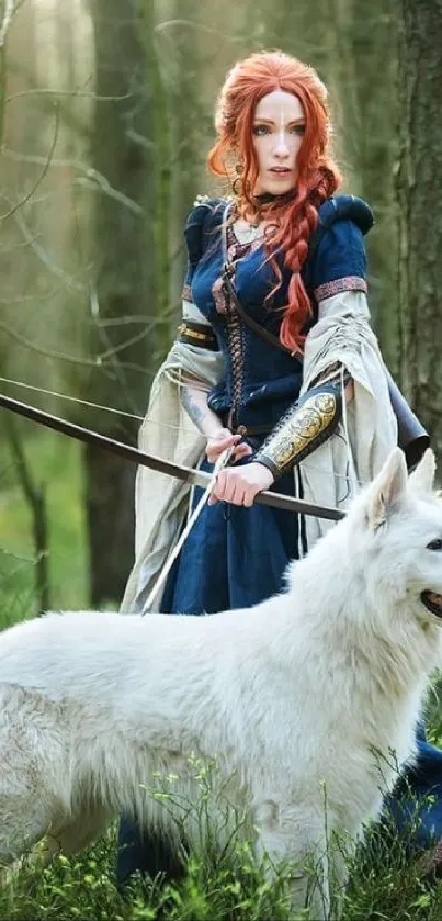 Medieval woman and white wolf in a forest setting.