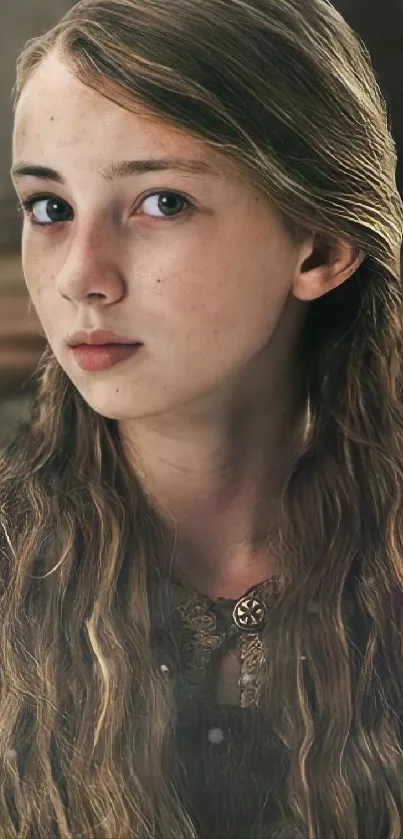 Portrait of a young woman with long hair in a medieval setting.