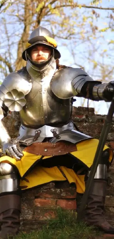 Medieval knight in shining armor with a rustic background.