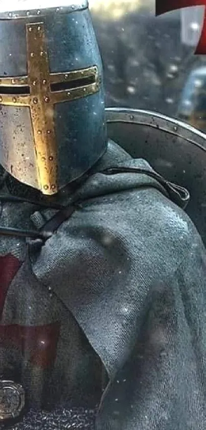 Medieval knight in steel armor with cross emblem shield.