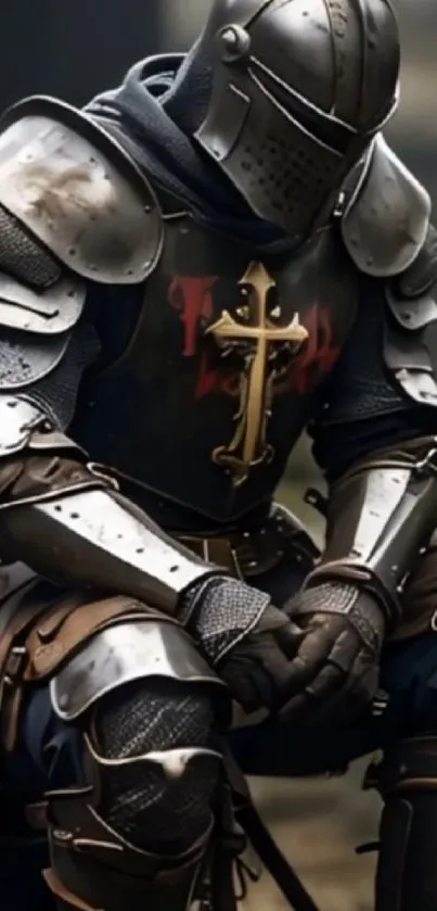 Medieval knight in full armor with a golden cross emblem.