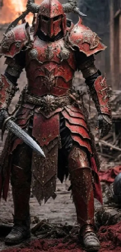 Medieval knight in red armor holding a sword.