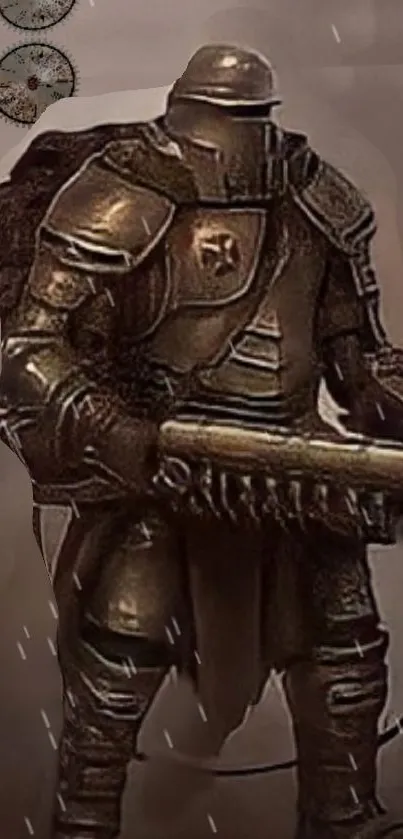 Medieval knight in armor with a brown tone and rain effect, perfect for mobile wallpaper.