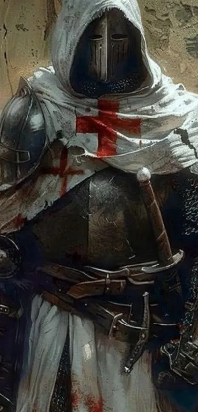 Medieval knight in armor with cross emblem.