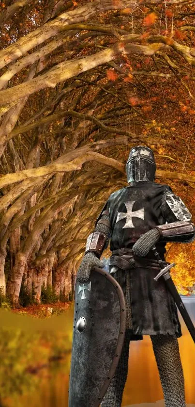 Knight in armor standing in a colorful autumn forest with a canopy of trees.