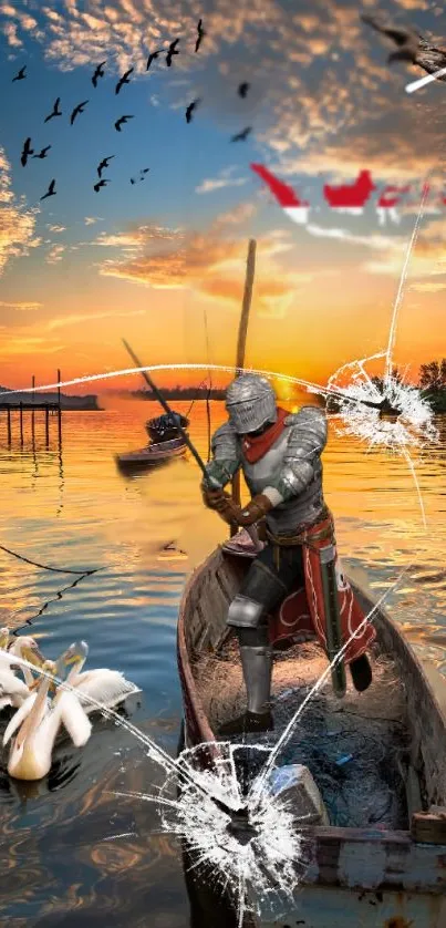 Knight in armor rowing on a sunset-lit lake with birds overhead.