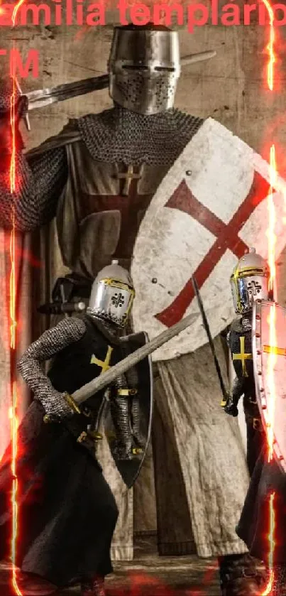 Medieval knights in armor with shields and Templar cross design.