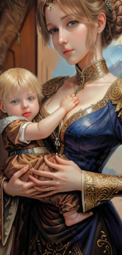 Medieval-themed mobile wallpaper of a mother with her child in blue and brown attire.