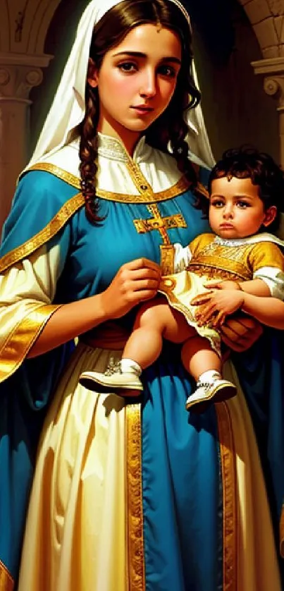 Medieval mother and child with blue and gold robes in a chapel setting.