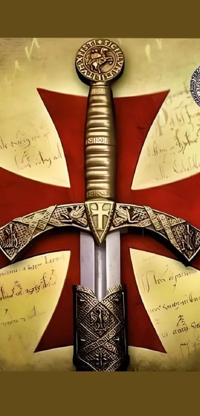 Medieval sword and red cross on vintage background.