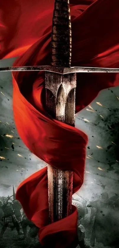 Medieval sword with red cloth on a battlefield background wallpaper.