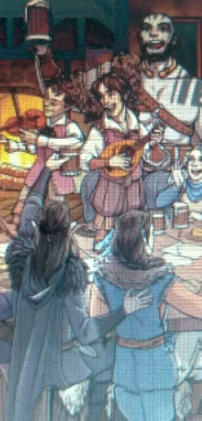 Illustration of a medieval tavern with characters celebrating.