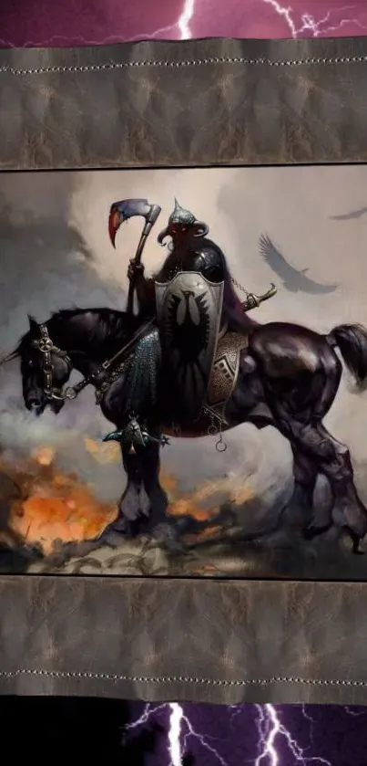 Medieval warrior on horseback with dark, stormy background.