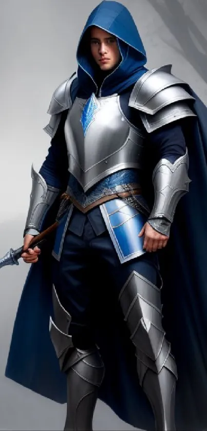 Hooded warrior in blue armor holding a spear with a mystical fog background.