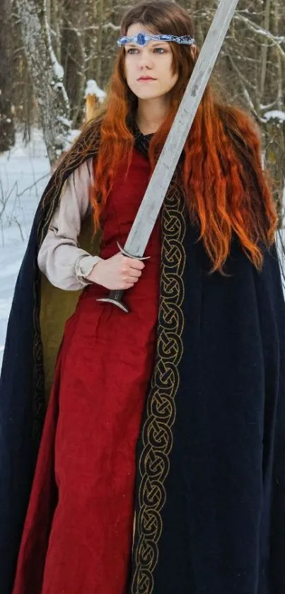 Medieval warrior with sword in a snowy forest scene.