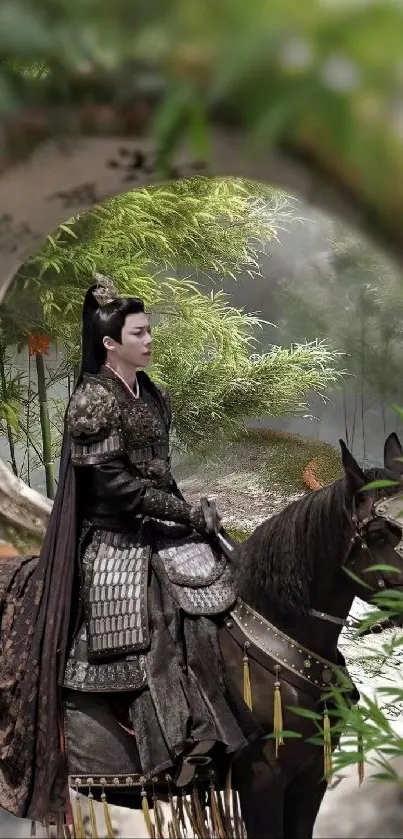 Medieval warrior in armor on horseback in a lush bamboo forest.