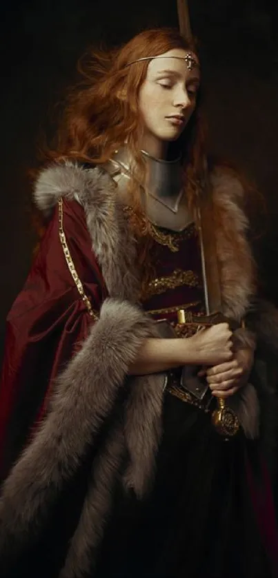 Medieval warrior woman in dark red cloak holding a sword.