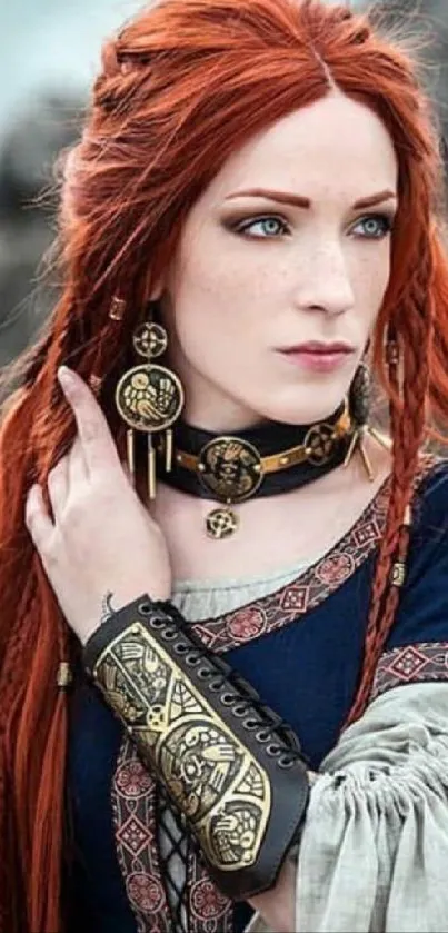 Medieval warrior woman with red hair in detailed attire.