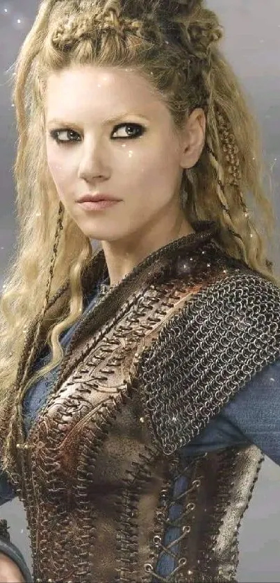 A fierce female warrior in medieval armor with braided hair.