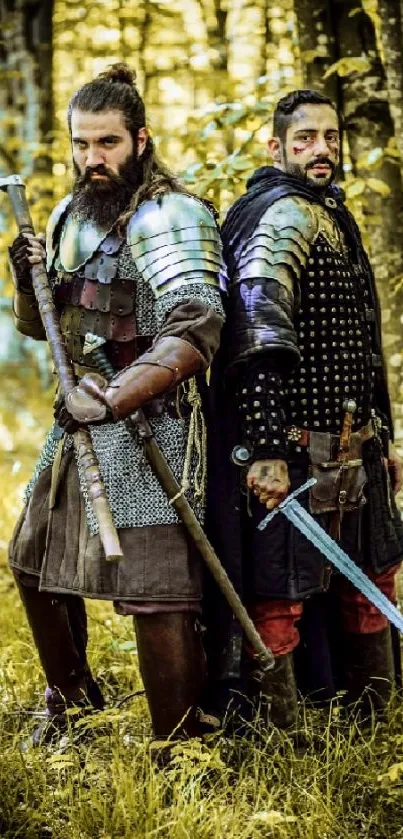 Medieval warriors standing in a forest, holding weapons, with vivid armor and natural background.