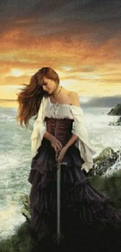 Medieval woman with sword on ocean cliff at sunset.