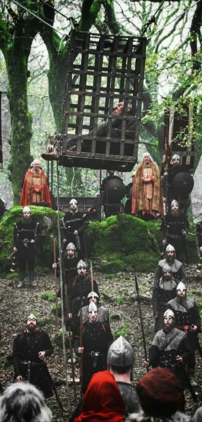 Medieval woodland assembly scene with warriors and banners.