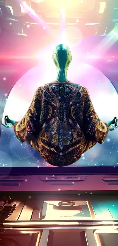 Meditative alien in a cosmic and futuristic setting with vibrant colors.