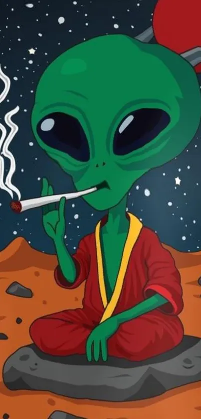 Cartoon alien meditating with a cigarette in space.