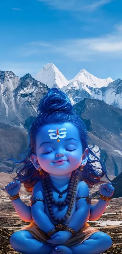 Meditative child in blue amidst majestic mountain range.