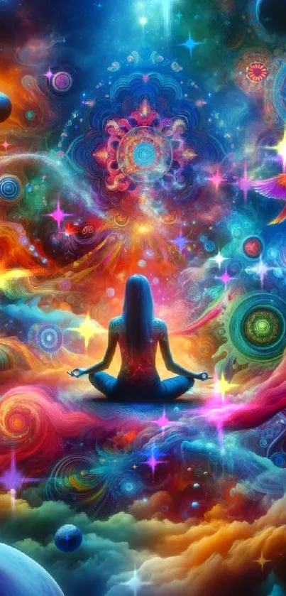 Colorful cosmic wallpaper with meditation and vibrant art.