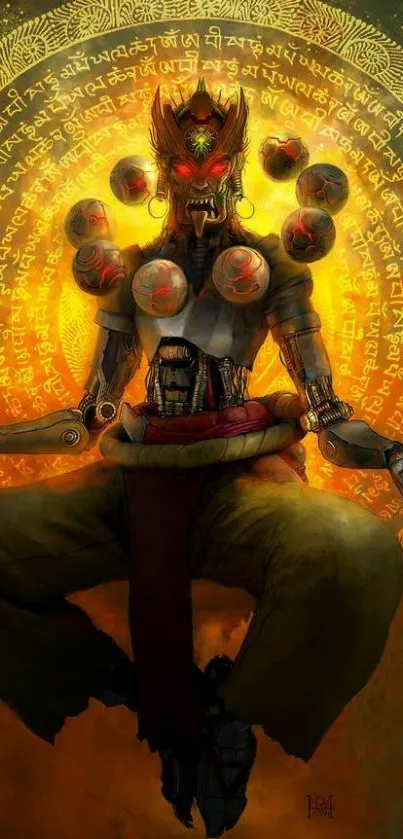 Meditative cyberpunk warrior with mystical symbols in golden hues.