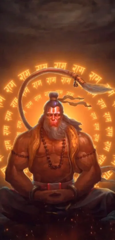 Hanuman meditating with a glowing aura and spiritual symbols.