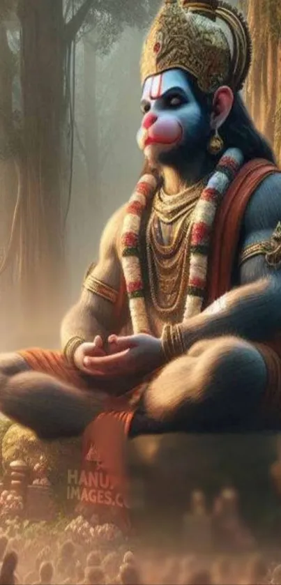 Meditative Hanuman sitting in a mystical forest setting mobile wallpaper.