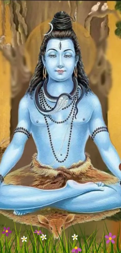 Artistic depiction of Lord Shiva meditating in serene nature.