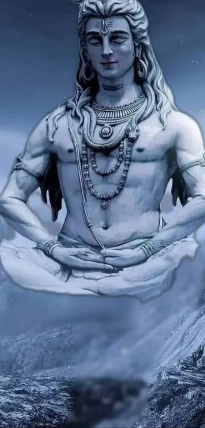 Lord Shiva meditating in a serene blue landscape.