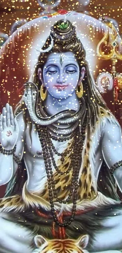 Meditative Lord Shiva in serene pose, rich colors and divine elements.