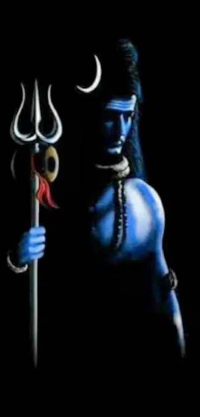 Serene mobile wallpaper of Lord Shiva in blue with a trident on a black background.