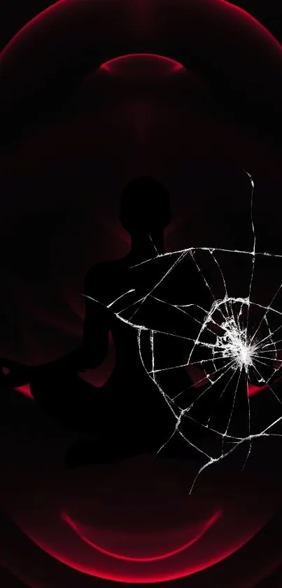 Silhouette meditating within an abstract red and black web design.