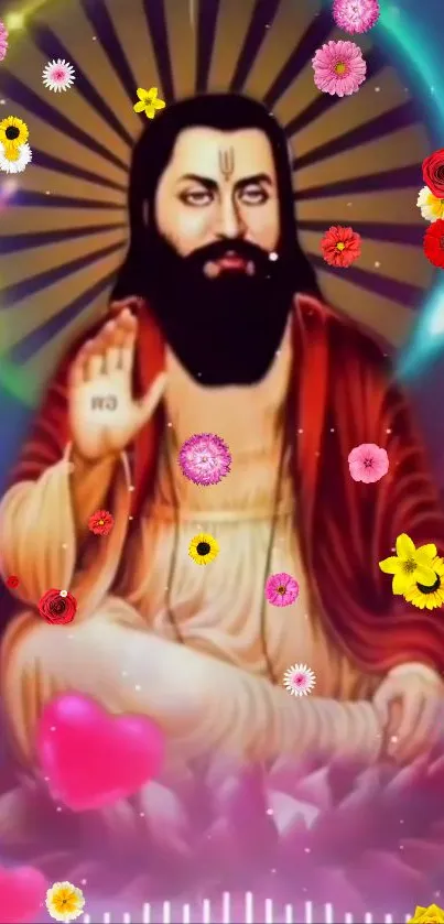 Spiritual figure in meditation with colorful flowers and violet background.