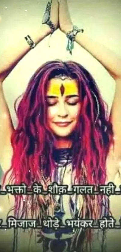 Serene woman in meditation with vibrant henna and colorful hair.