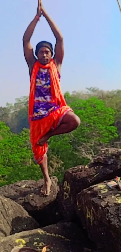 A person in yoga pose surrounded by rocks and greenery.