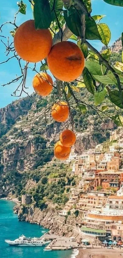 Mediterranean coastal town with oranges and blue sea.