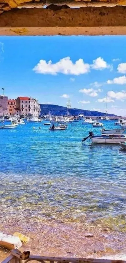 Mediterranean coastal view with boats and blue waters.