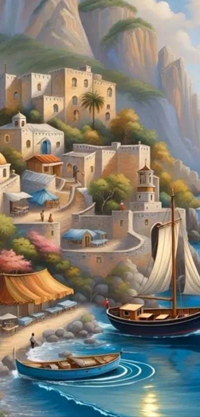 Scenic Mediterranean coastal village with sailboats.