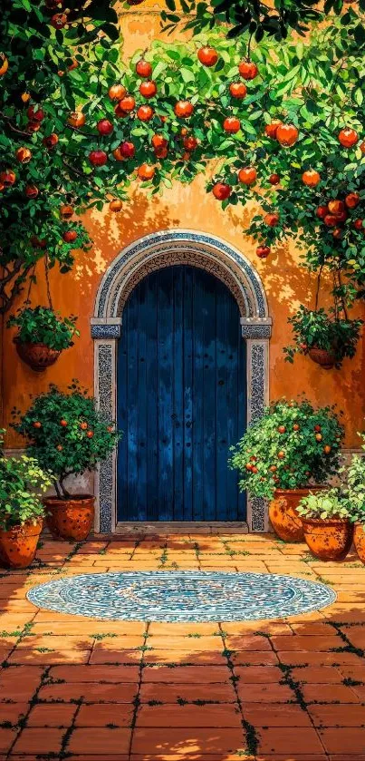 Mediterranean courtyard with orange walls and blue door.