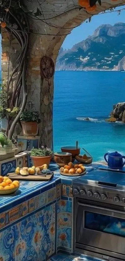 Mediterranean kitchen with seaside view and ocean backdrop.