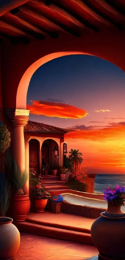 Mediterranean sunset with vivid colors and elegant architecture.