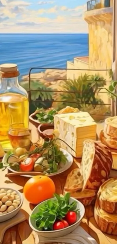 Mediterranean food and ocean view wallpaper.