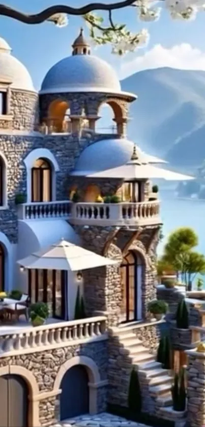 Mediterranean villa by a serene blue lake.